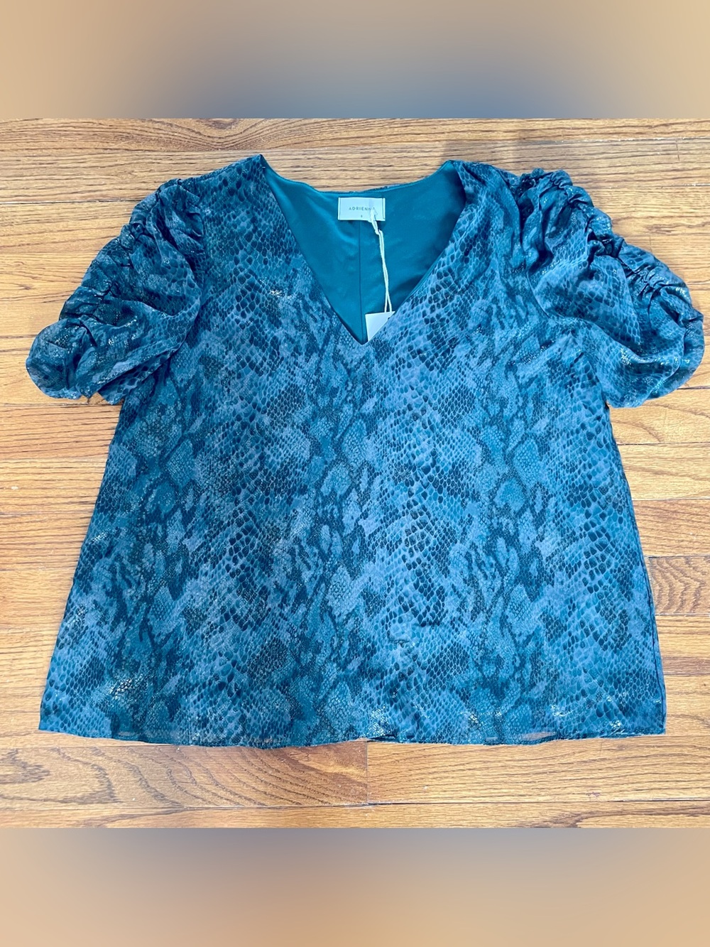 Adrienne V-Neck Ruched Sleeves Dark Green Gold Python Print Blouse Small 2489AM